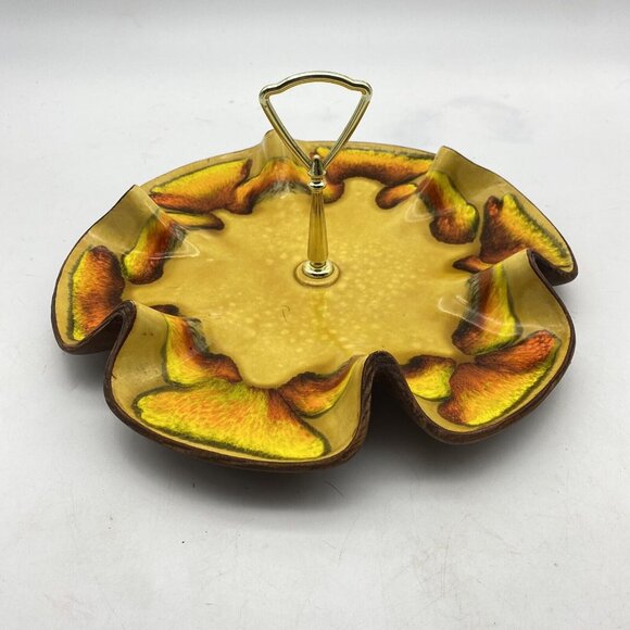 Vtg California Art Pottery Sequoia Ware Tidbit Serving Tray‎ Yellow Wave 609/611 - Picture 1 of 13